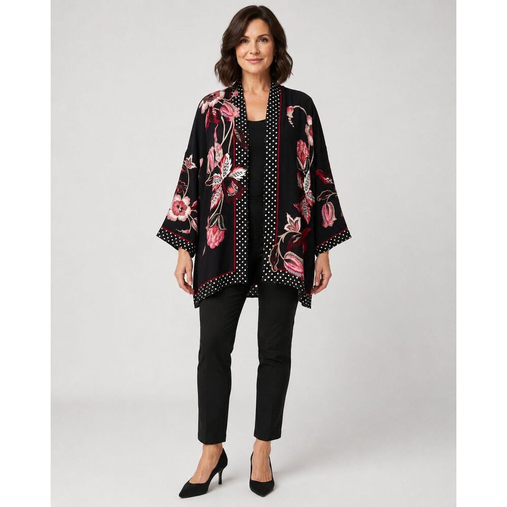 Chico’s Celtic Bloom Short Kimono Ruana Floral Polka Dot S/M NWT
